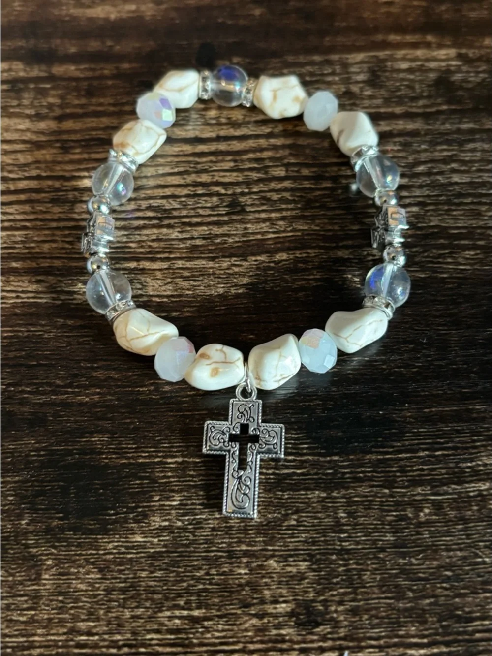 White Howlite Beaded Cross Stretch‎ Bracelet